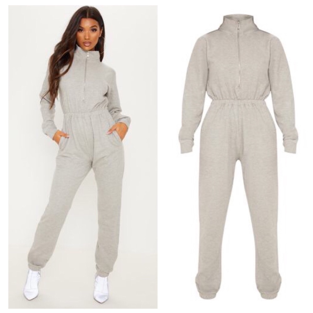 Grey Funnel Neck Zip Up Jumpsuit